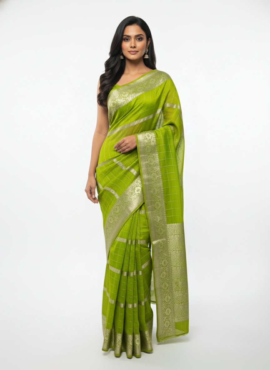 Parrot green  Silk Saree with Woven Border| AS-00242