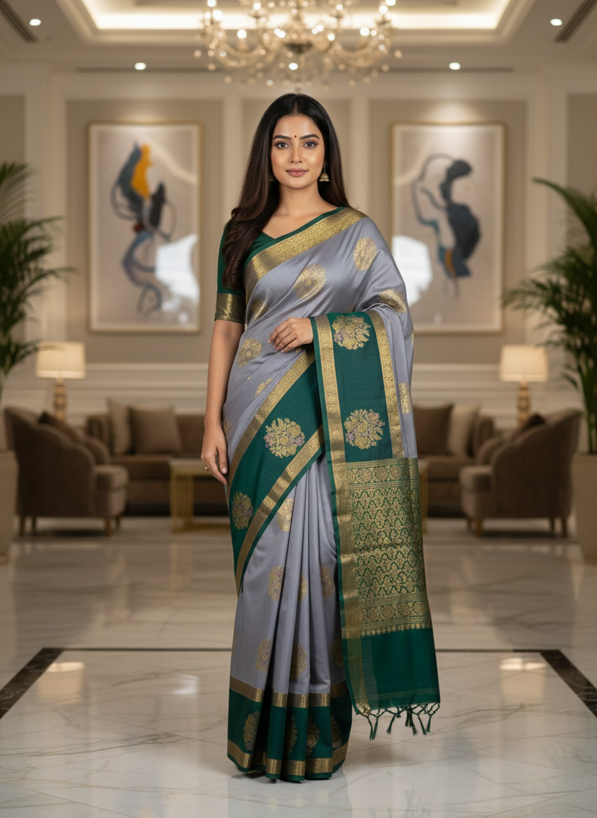 Grey Kanchipuram Brocade Silk Saree With Butta Design| AS-00126