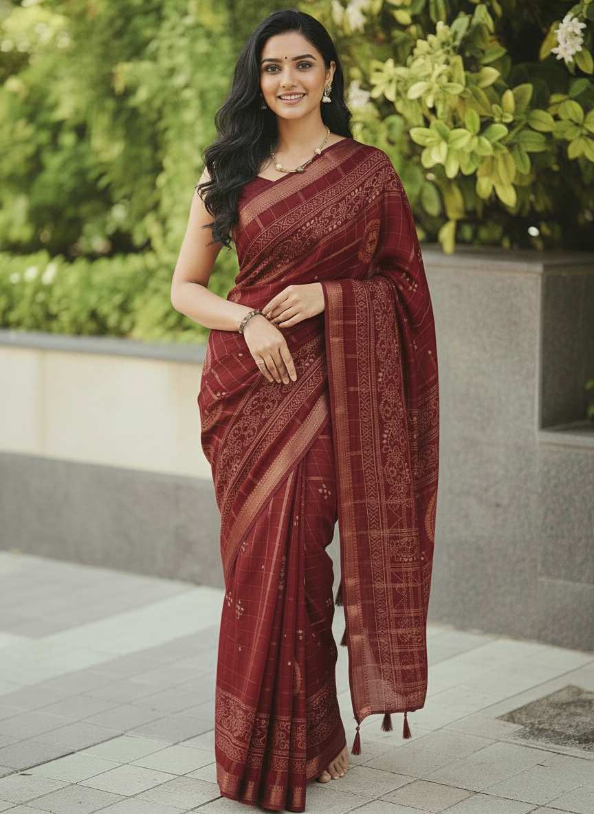 Maroon Floral Printed Chiffon Saree with Border| AS-00102