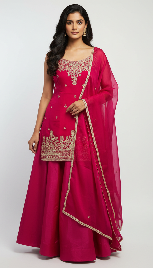 Red Tissue Organza Palazzo Set with Zari Embroidery|P3_3