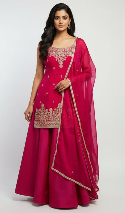 Red Tissue Organza Palazzo Set with Zari Embroidery|P3_3