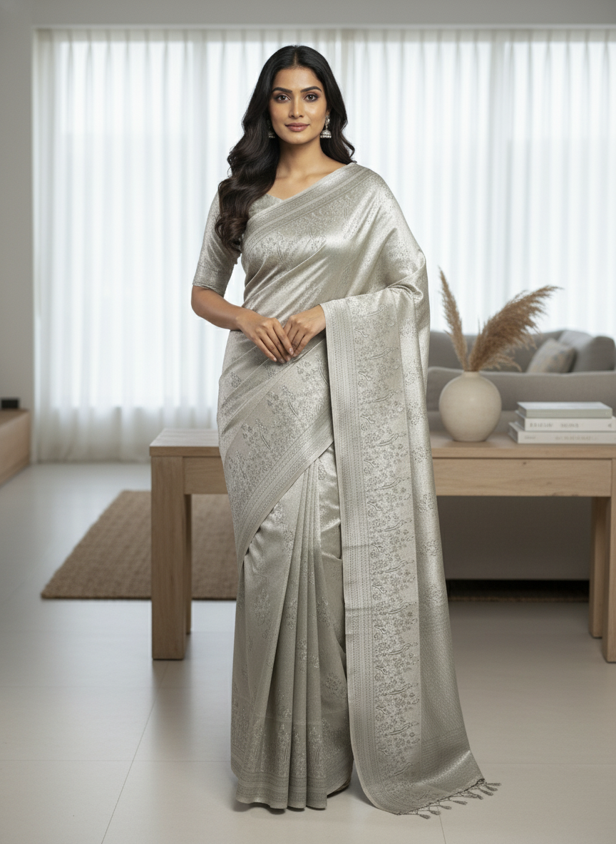 Cream Semi silk Kanchipuram With Butta Design| AS-00138
