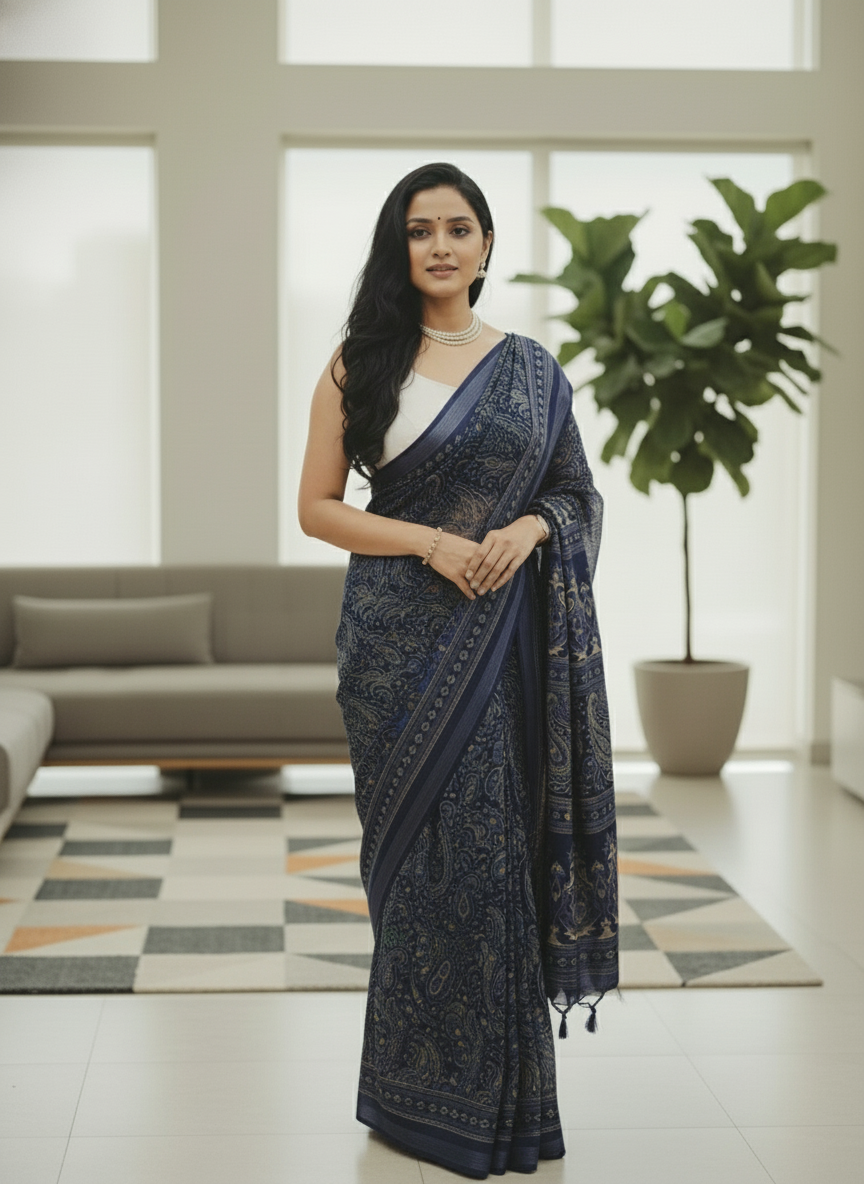 Black Floral Printed Chiffon Saree with Border| AS-00104