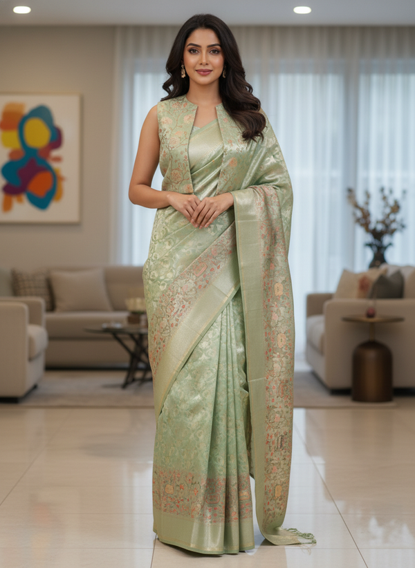 Pista Kanchipuram Silk Saree With Butta Design| AS-00146