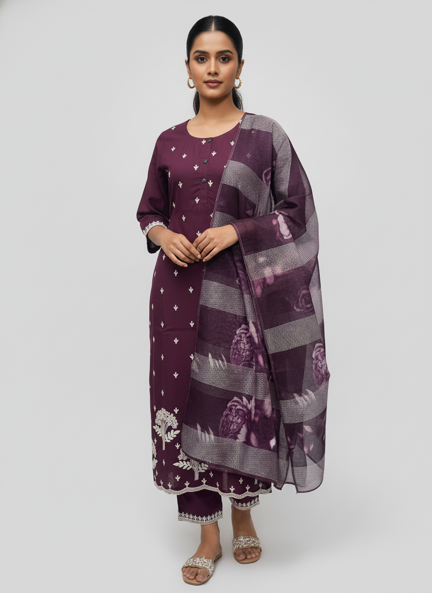Elegant wine Kurta Set with Banarasi Dupatta| AS-00191