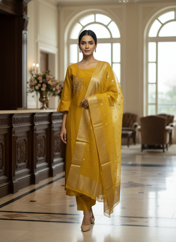 Elegant Mustard Kurta Set with Banarasi Dupatta| AS-00190