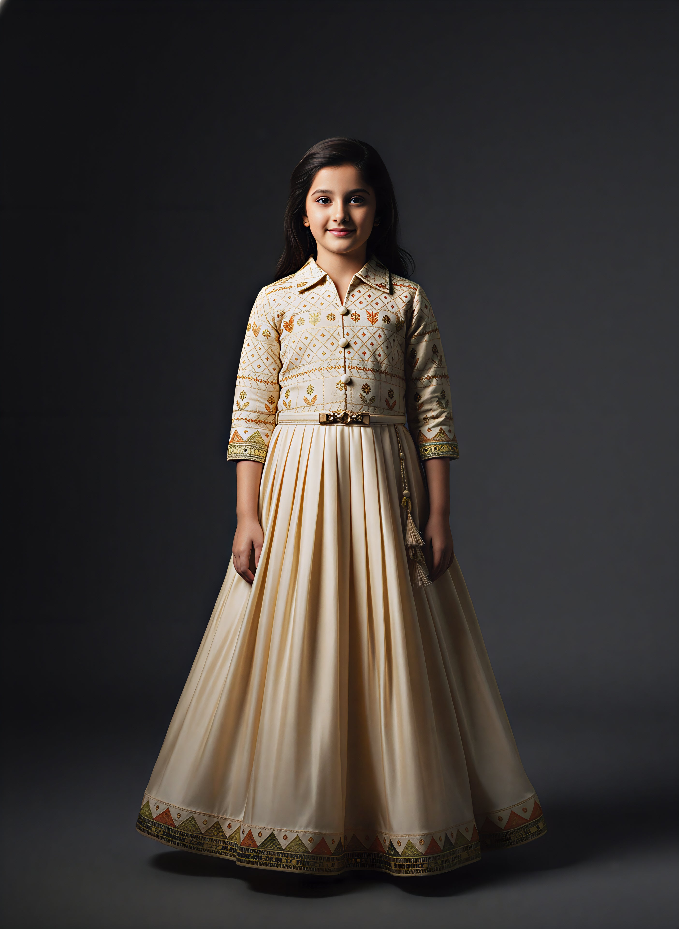 Girls' Silk Blend Embroidered Collared Anarkali Gown with Belt - Ivory/Cream