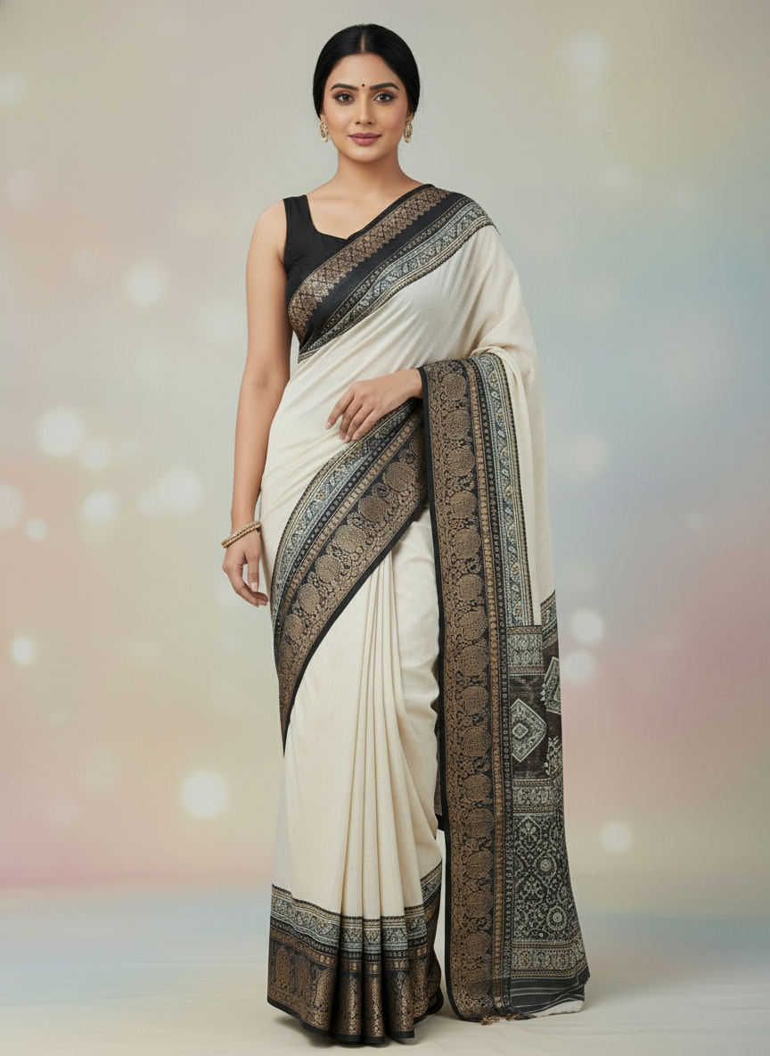 Emerald black border Printed Soft chiffon Saree | AS-0092