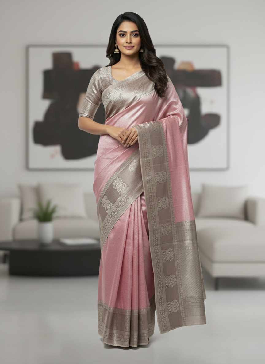 Semi silk Pink  Kanchipuram With Butta Design| AS-00136