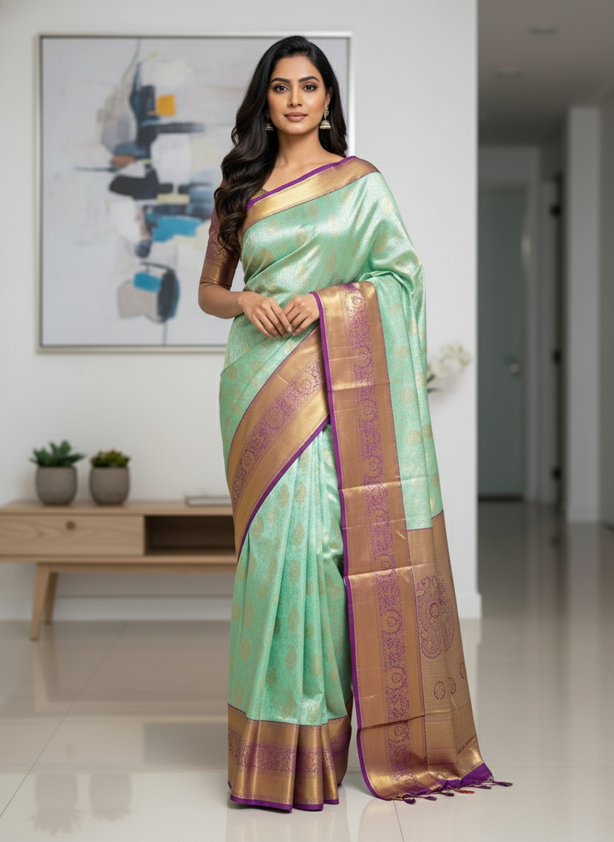 Green Kanchipuram Silk Saree With Butta Design| AS-00144
