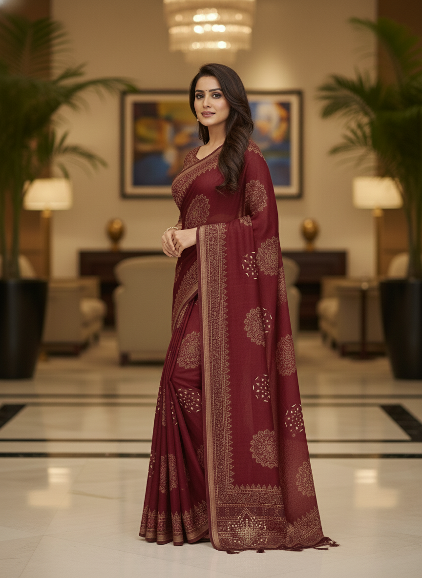 Red Multicolor Saree with Pattern Print | AS-00107