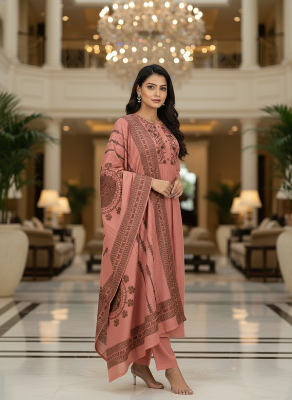 Peach Cotton Printed straight cut kurta with Dupatta| AS-00153