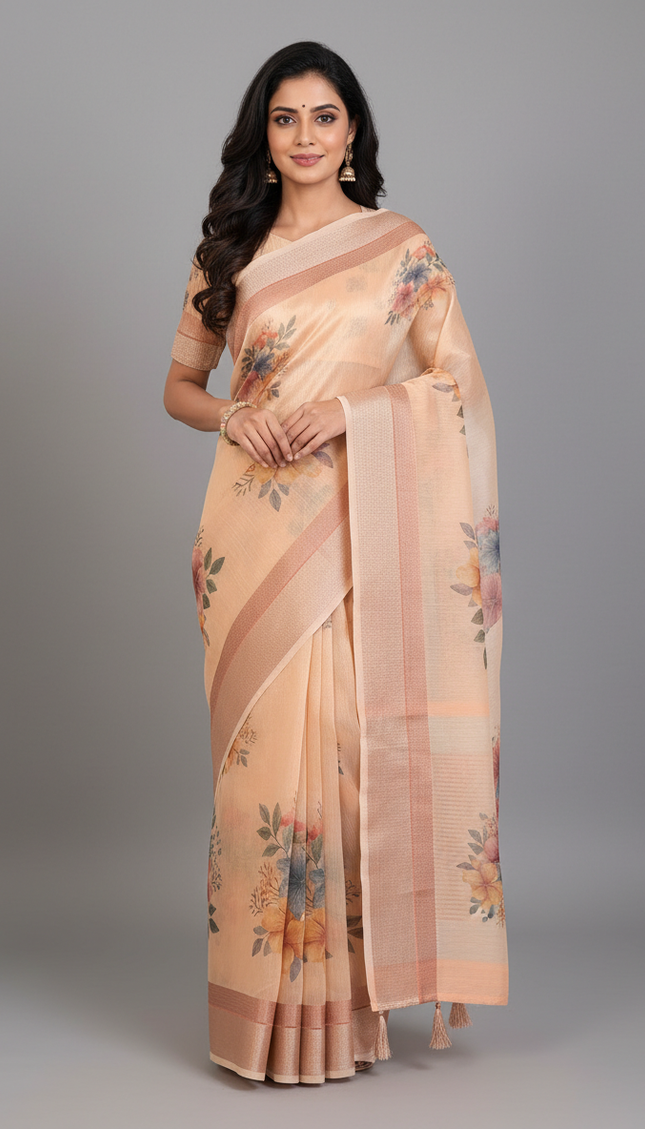 Peach Designer Organza Tissue Silk Floral Print Saree with Blouse |DS26|