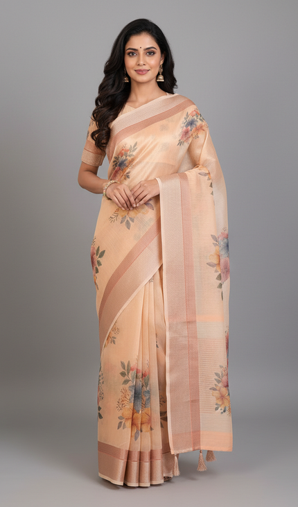 Peach Designer Organza Tissue Silk Floral Print Saree with Blouse |DS26|