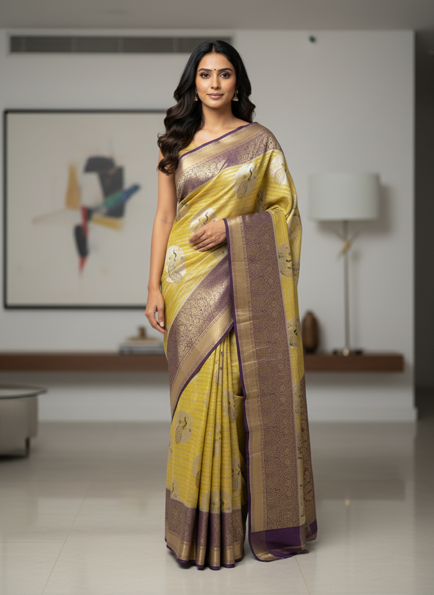 Semi silk Mustard Kanchipuram With Butta Design| AS-00134
