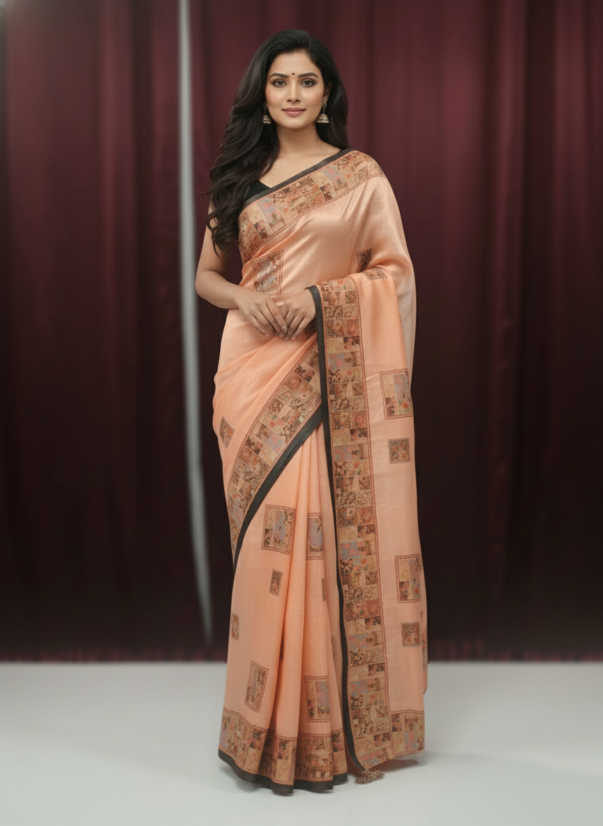 Peach Multicolor Saree with Pattern Print | AS-00113