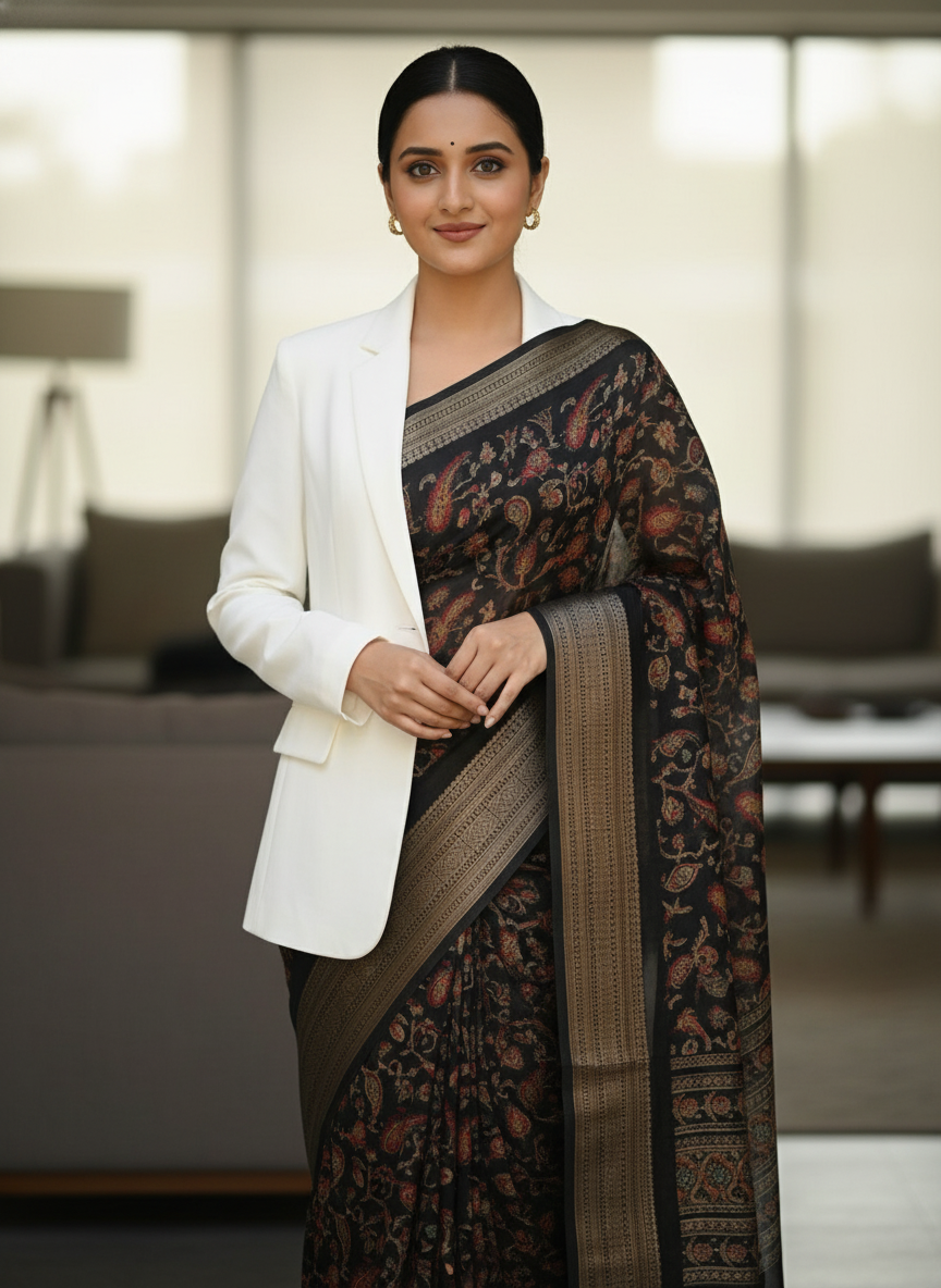 Navy Blue Floral Printed Chiffon Saree with Border| AS-00105