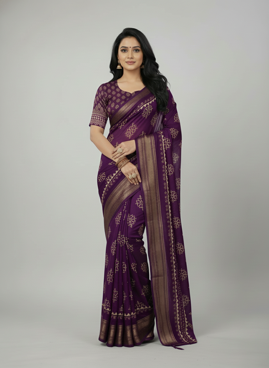 Maroon Floral Printed Chiffon Saree with Border| AS-00103