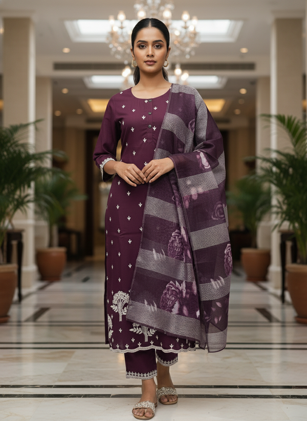 Elegant wine Kurta Set with Banarasi Dupatta| AS-00191