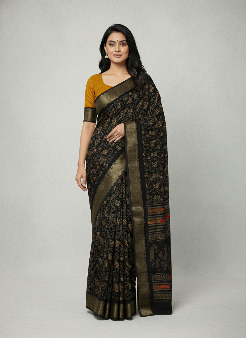 Emerald green Printed Soft chiffon Saree | AS-0099