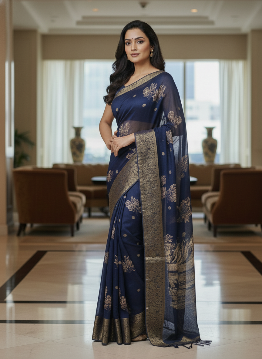Blue  Floral Printed Chiffon Saree with Border| AS-00101