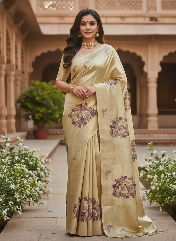 Yellow Kanchipuram Silk Saree With Butta Design| AS-00148
