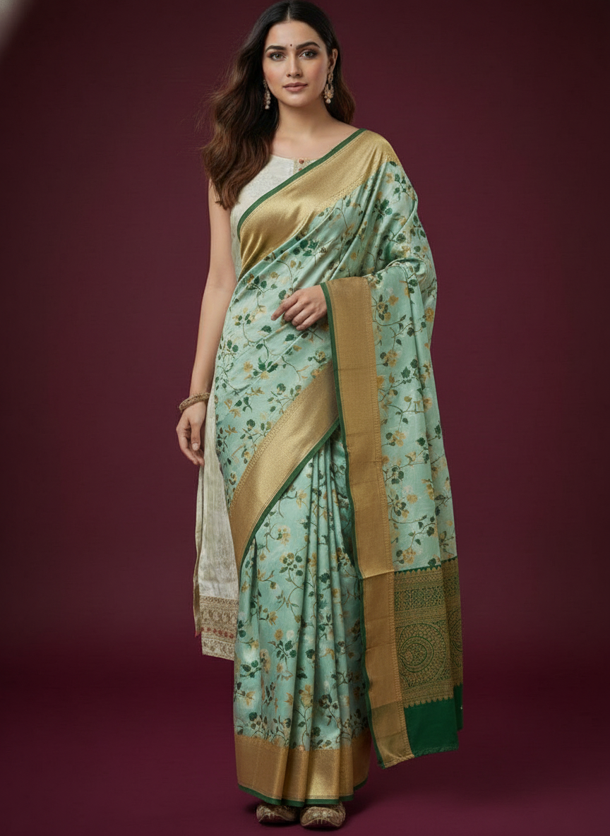 Light Aqua Green Color Silver Check Designed Art Silk Saree With Peacock Blue Border