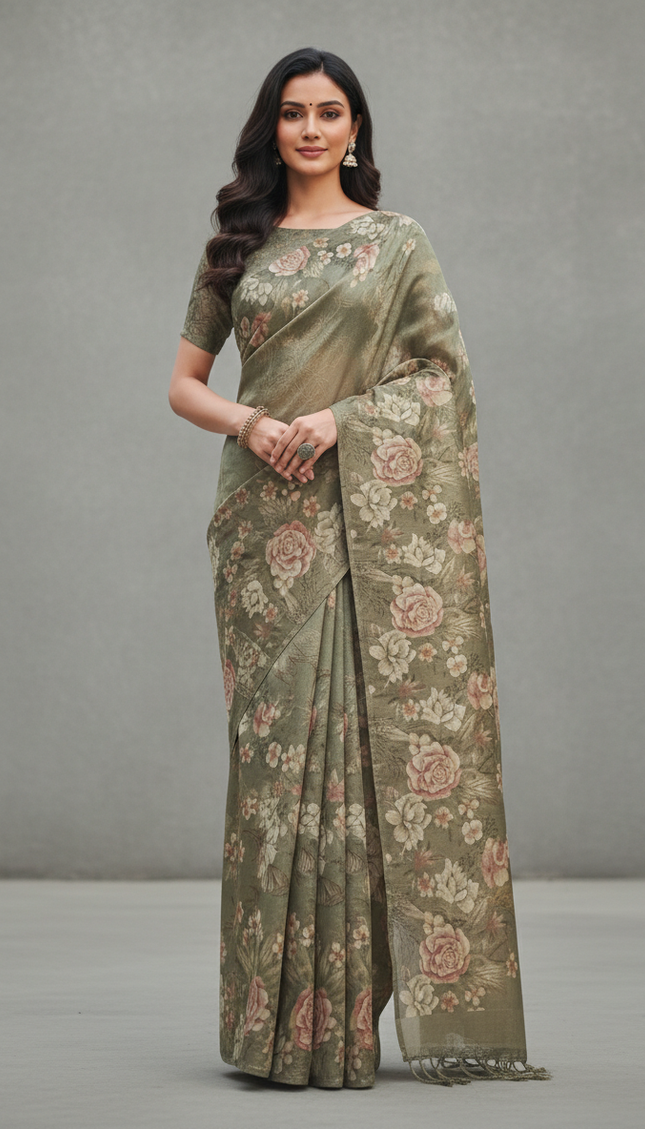 Sage Green Designer Organza Tissue Silk Saree with Floral Print & Blouse |DS25