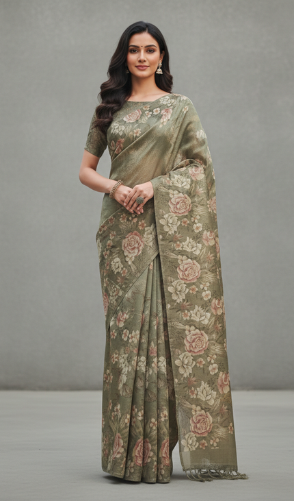 Sage Green Designer Organza Tissue Silk Saree with Floral Print & Blouse |DS25