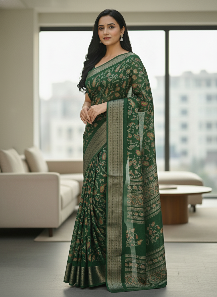 Navy Blue Floral Printed Chiffon Saree with Border| AS-00105