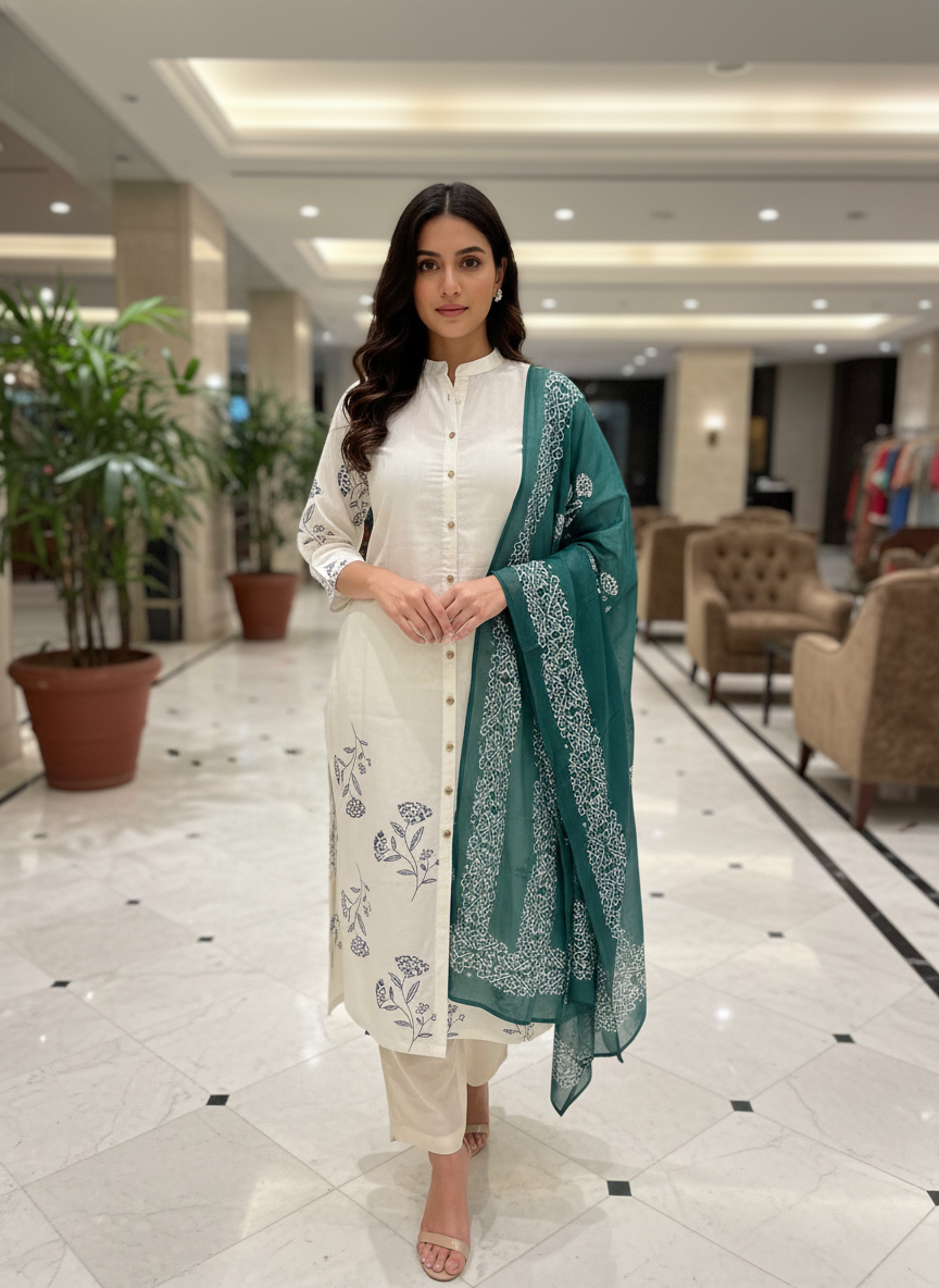 Cream Cotton Printed straight cut kurta with Dupatta| AS-00152