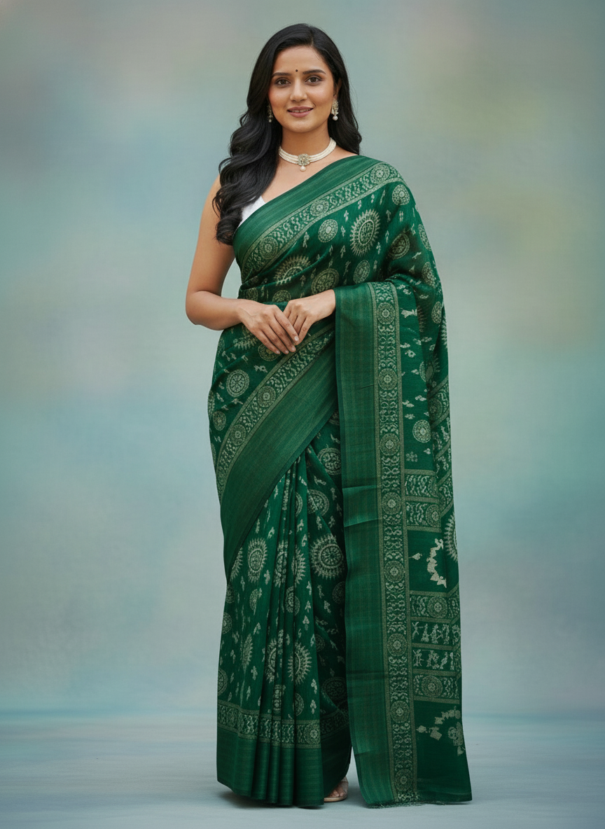 Emerald rama green Printed Soft chiffon Saree | AS-0089