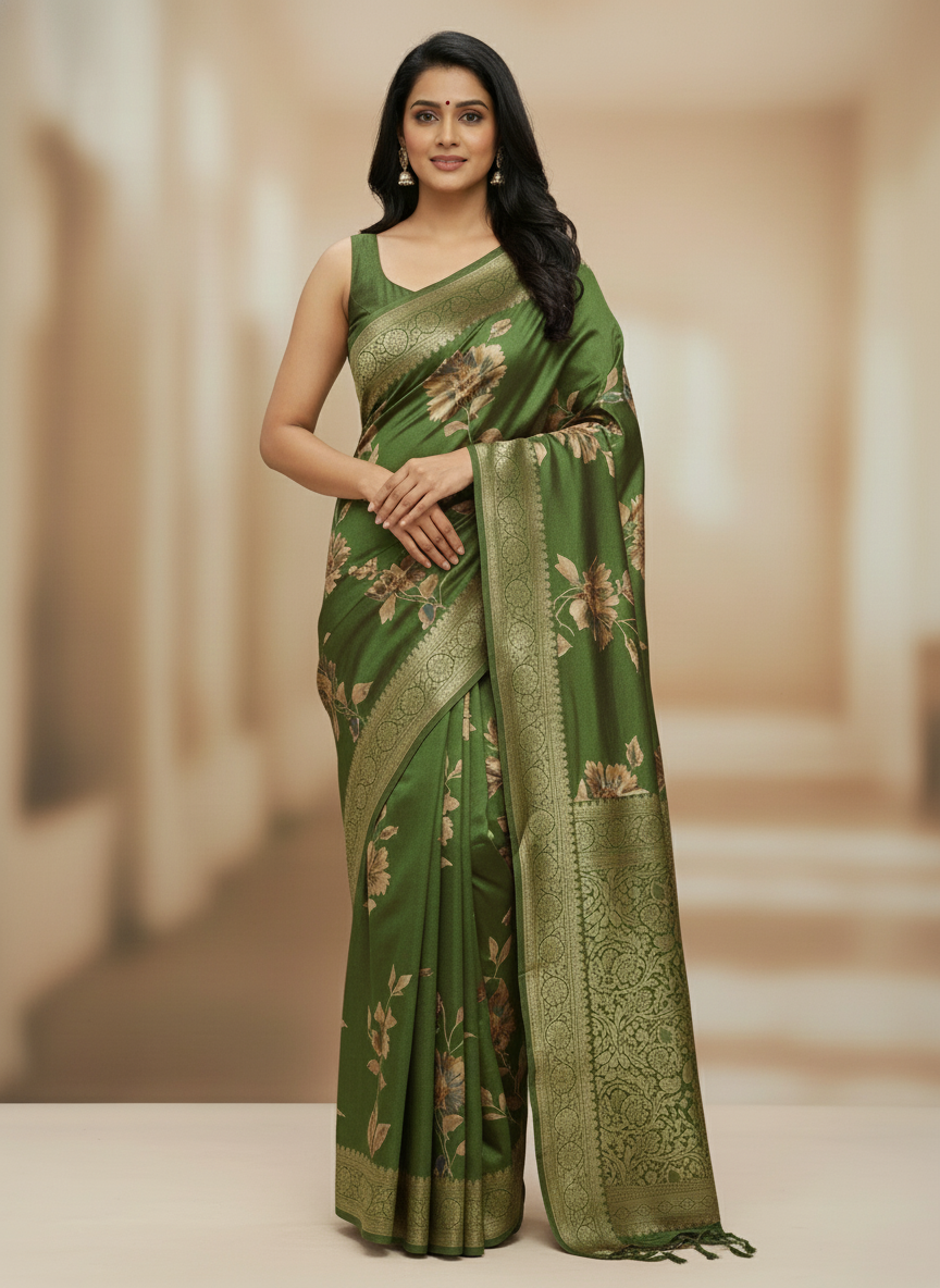 Rani pink  Floral Printed Chiffon Saree with Border| AS-00106