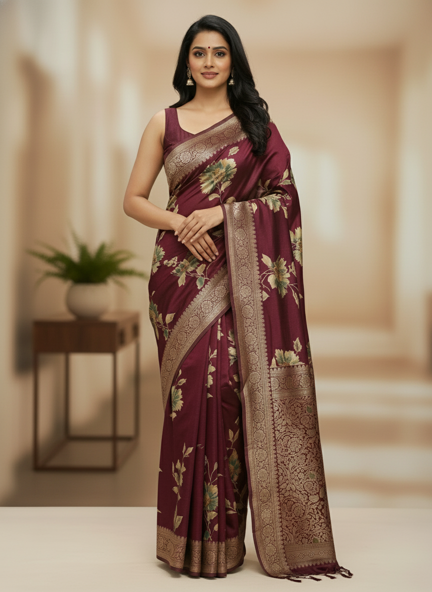 Rani pink  Floral Printed Chiffon Saree with Border| AS-00106