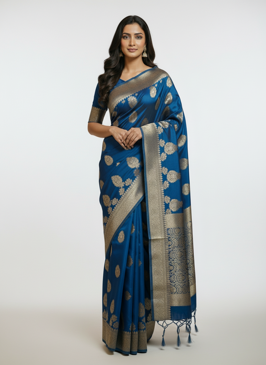 Navy Semi Silk Saree with Woven Border| AS-00247