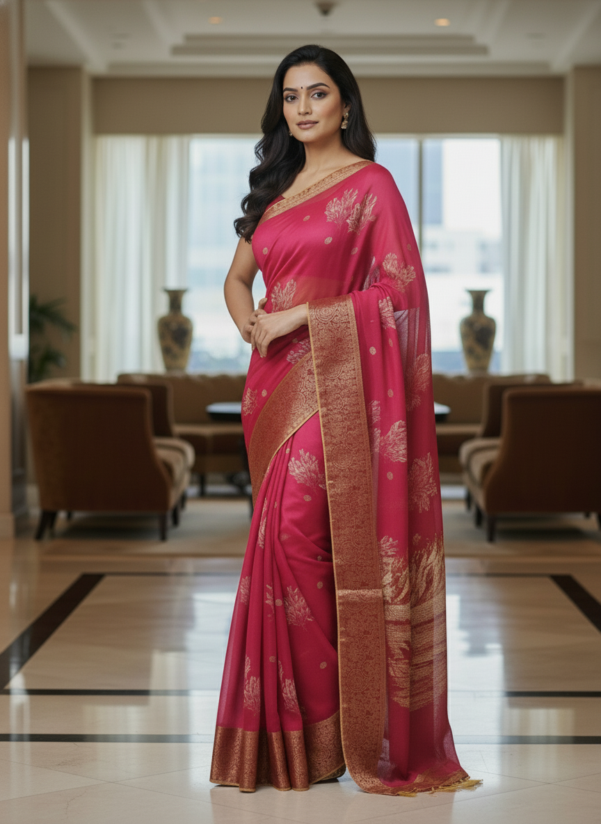 Blue  Floral Printed Chiffon Saree with Border| AS-00101