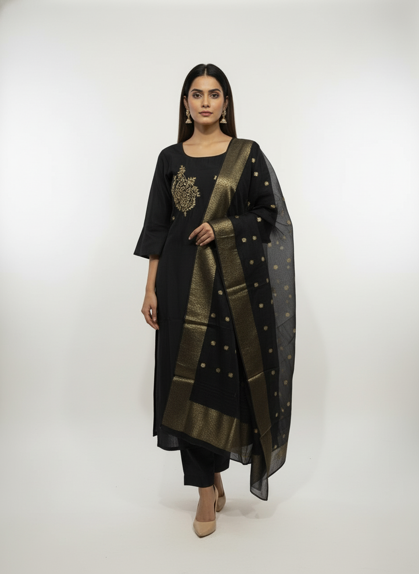 Elegant Mustard Kurta Set with Banarasi Dupatta| AS-00190