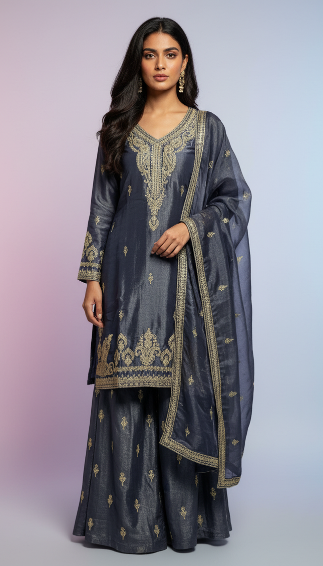 Steel Grey Tissue Organza Palazzo Set with Heavy Embroidery Dupatta|P7_1