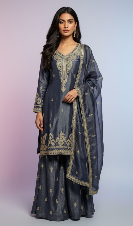 Steel Grey Tissue Organza Palazzo Set with Heavy Embroidery Dupatta|P7_1