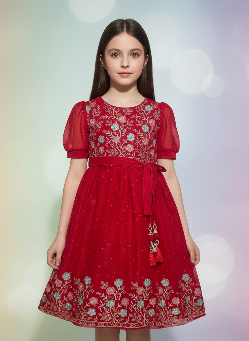 Red Floral  Party Frock For Girls|AS-K11