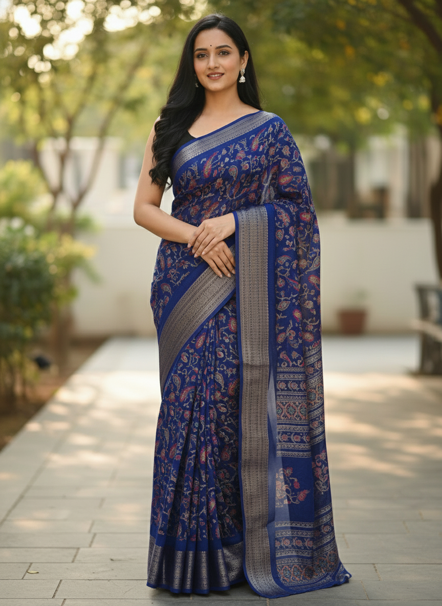 Navy Blue Floral Printed Chiffon Saree with Border| AS-00105
