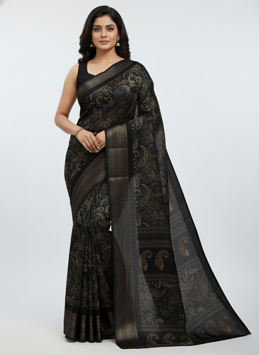 Black Multicolor Saree with Pattern Print | AS-00109