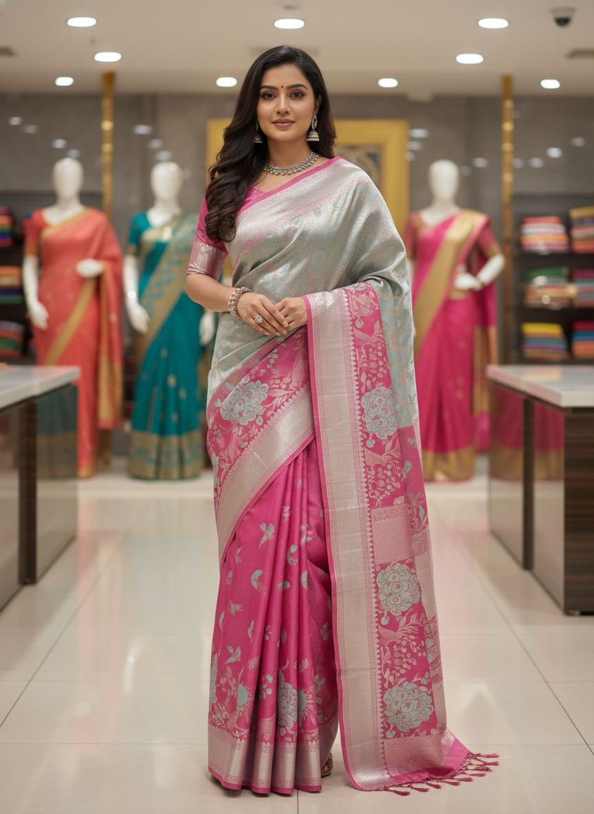 Pink Kanchipuram Silk Saree With Butta Design| AS-00150