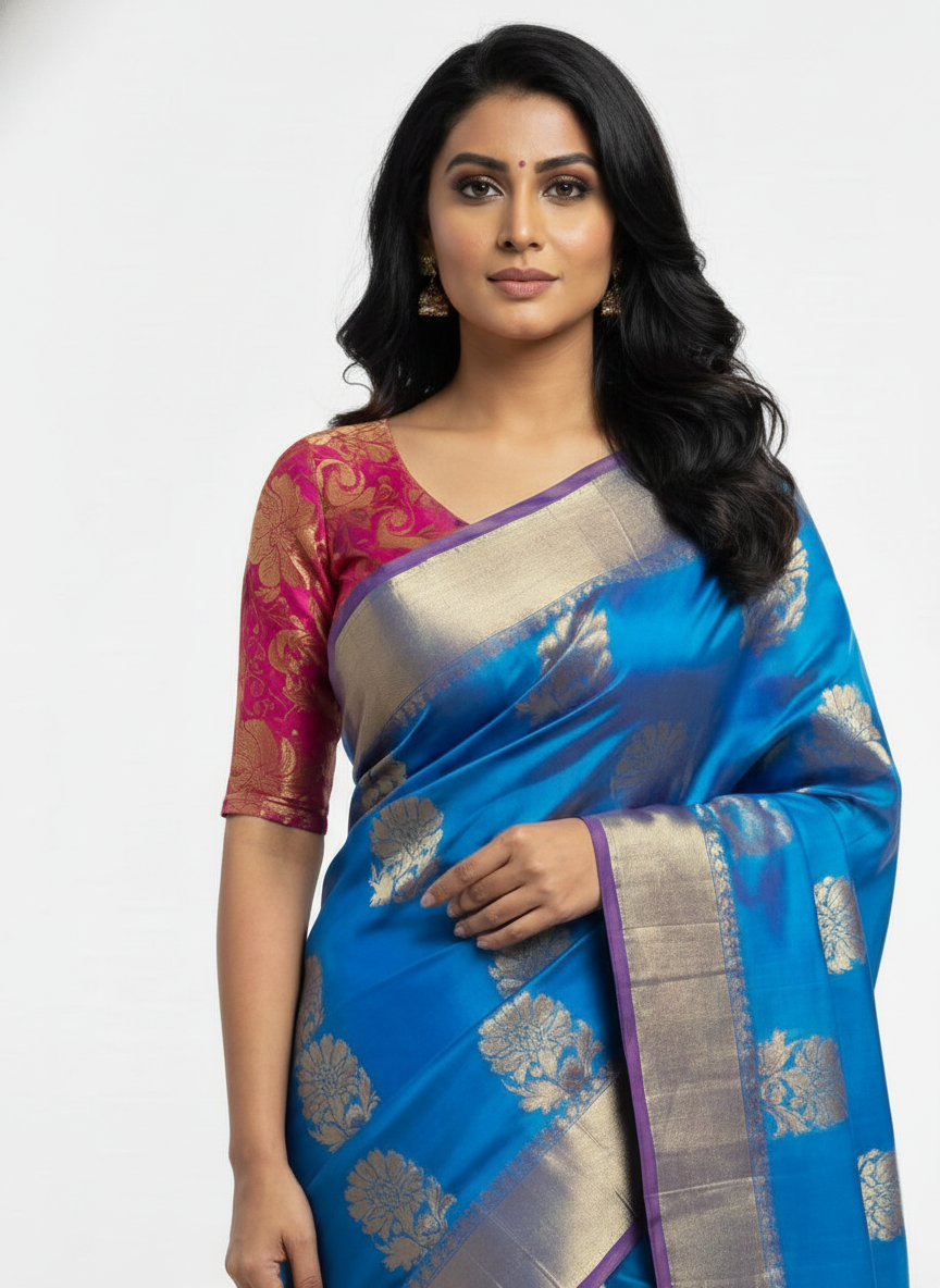 Blue Silk Saree in  with Zari Border|AS-0059