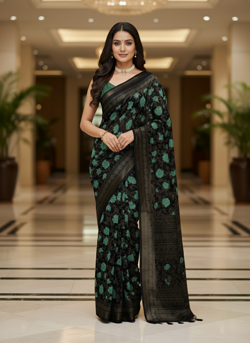 Green Multicolor Saree with Pattern Print | AS-00110