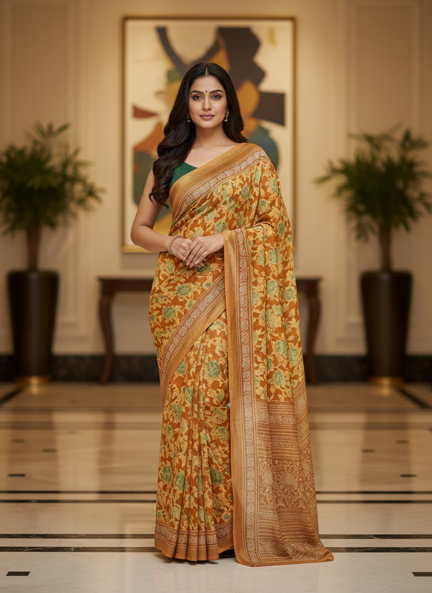 Green Multicolor Saree with Pattern Print | AS-00110