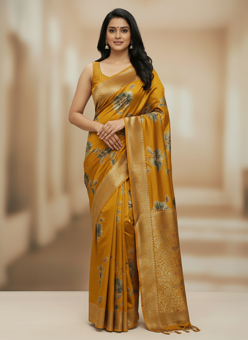 Rani pink  Floral Printed Chiffon Saree with Border| AS-00106