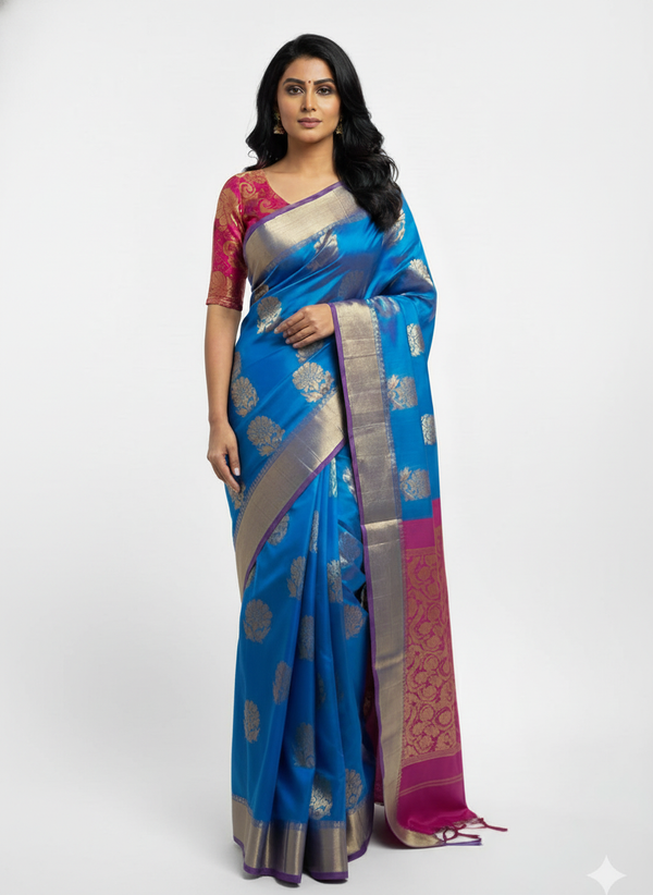 Blue Silk Saree in  with Zari Border|AS-0059