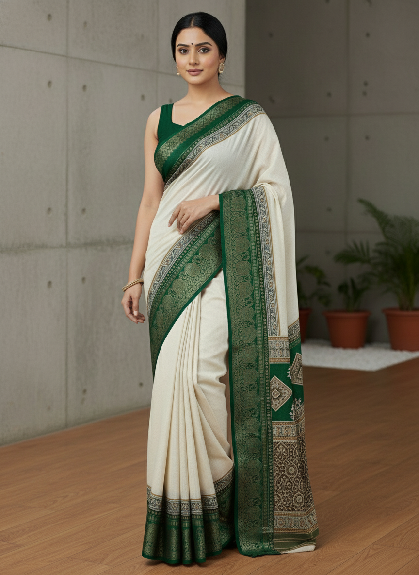 Emerald black border Printed Soft chiffon Saree | AS-0092