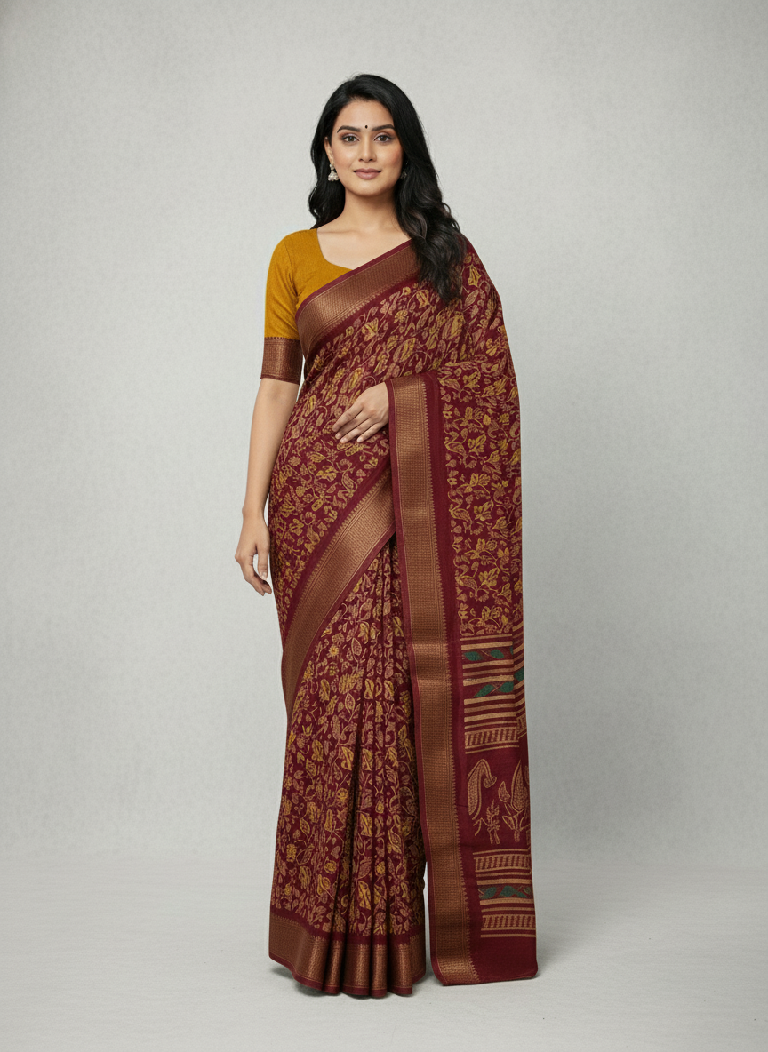 Emerald green Printed Soft chiffon Saree | AS-0099